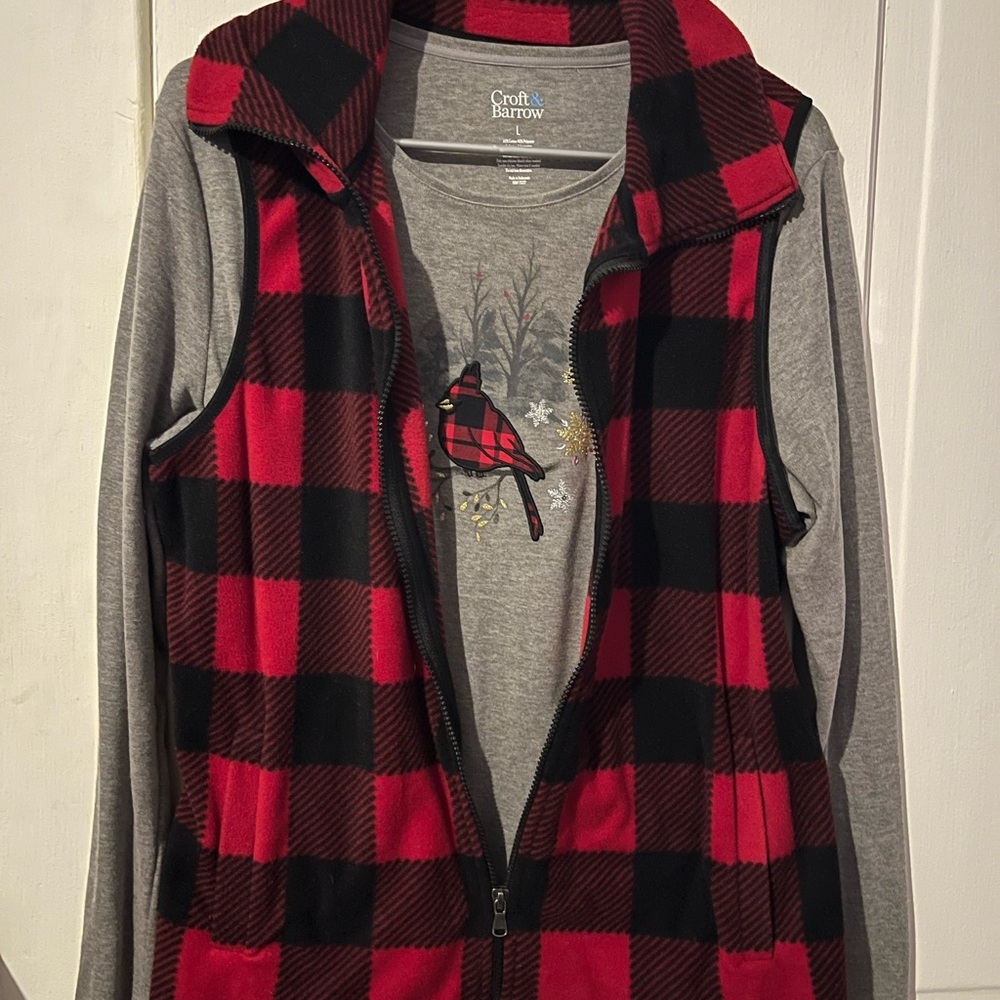Croft & Barrow Red and Black Checkered Vest with Gray Tee